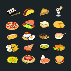 Food. Set of icons with assorted dishes. Flat style. Vector illustration