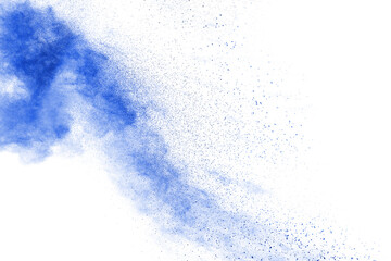 Blue powder particle splash isolated on white  background.