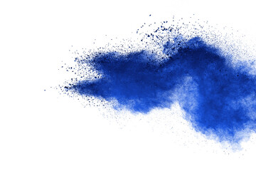 Blue powder particle splash isolated on white  background.