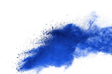 Blue powder particle splash isolated on white  background.