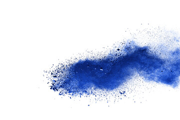 Blue powder particle splash isolated on white  background.
