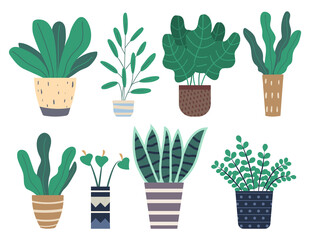Fototapeta na wymiar Set of green indoor houseplants and flowers in pots icons on white. Plants growing in pots or planters. Collection of beautiful natural home and office decorations. Trendy vector in flat cartoon style