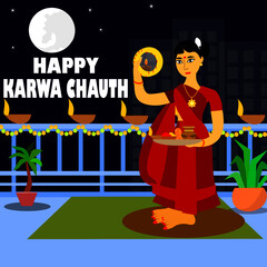 Vector of Indian Traditional women celebrating Karwa Chauth for the sake of her husband.concept of religion & culture.