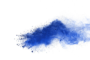 Blue powder particle splash isolated on white  background.