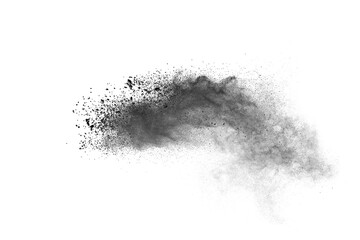 Black powder (Charcoal powder) scattered. Isolated on white background. 