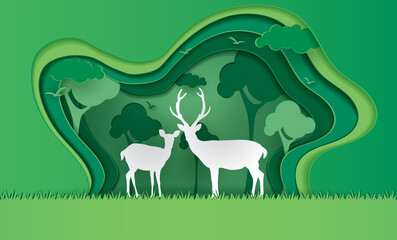 Deer in forest with snow, vector paper art and craft style illustration.