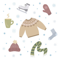 Set of winter vector illustrations. Scandinavian colors. Christmas mood. Cozy sweater, hat, scarf, sock, mitten, ice skate, snow flakes and mug with a hot drink.