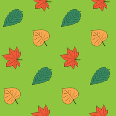 Obraz premium Autumn style seamless pattern with different leaves. Birch, maple and oak. Yellow, green and orange colors. Fall card, print for fabric, wallpaper, textile, gift wrap and clothes. Endless design