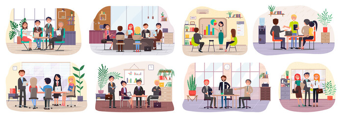 Business characters in meeting room working at their workplaces flat design. Debate group people in modern office. Brainstorming conference. Team do presentation in meeting room. Business consulting