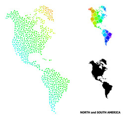Dotted rainbow gradient, and monochrome map of South and North America, and black caption. Vector model is created from map of South and North America with spheres.