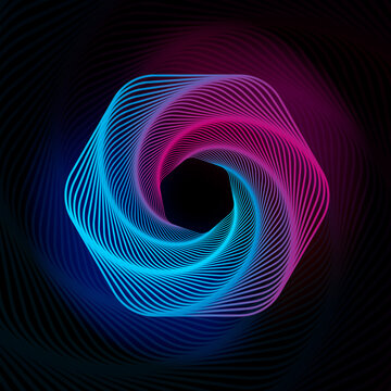 Spiral hexagon. Radial sounwave. Geometric pattern. Swirl lines and waves banner. Futuristic web wallpaper. Spirograph. Motion pulse. Geometric line art. Vector illustration.
