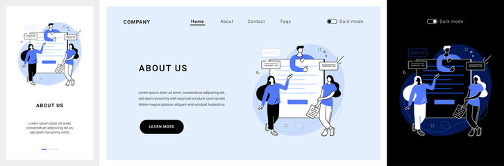 About us website UI kit. Website menu, company information, corporate history and philosophy, starting web page, who we are, UI element, business profile landing and mobile app vector UI template.