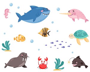 Sea Animals with Shark and Turtle Floating Underwater Vector Set.