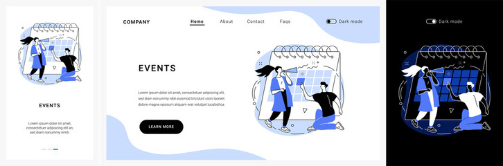 Events website UI kit. Corporate events, event calendar, notification, website menu bar, UI element, business meeting, commercial exhibition, schedule landing and mobile app vector UI template.