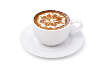 White cup of Latte art coffee with flower shape isolated on white background with clipping path.