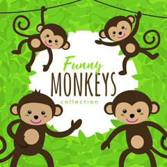 Naklejka premium Monkeys in the jungle. Kid's style, vector illustrator