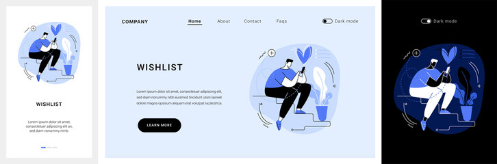 Wishlist website UI kit. Online shopping wishlist, e-commerce website, add to personalized collection, user account, product in stock, online retailer landing and mobile app vector UI template.