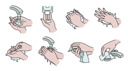 C&oacute;mo lavarse las manos correctamente. Ilustraci&oacute;n vectorial de lavado de manos. Manos enjabon&aacute;ndose y enjuagando