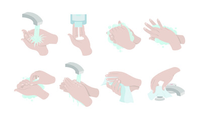 Cómo lavarse las manos correctamente. Ilustración vectorial de lavado de manos. Manos enjabonándose y enjuagando