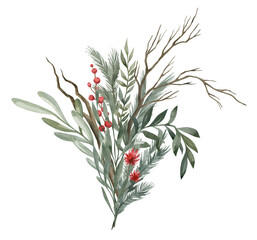 Fototapeta premium Watercolor composition with green winter leaves, branches, berries, eucalyptus. Christmas bouquet isolated on white background. Aesthetic illustration for wedding, business card, promotions