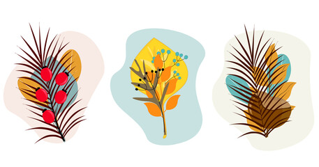 Obraz premium Autumn set of leaves, branches and berries. Bright template for banner, postcards, posters. Vector illustration.