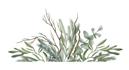 Watercolor composition with green winter leaves, branches, berries, eucalyptus. Christmas bouquet isolated on white background. Aesthetic illustration for wedding, business card, promotions