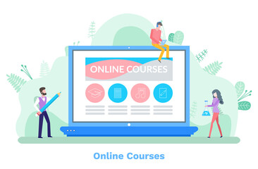 Online courses vector, students preparing for classes and studies. Man and woman reading publication on computer, floral decoration on background