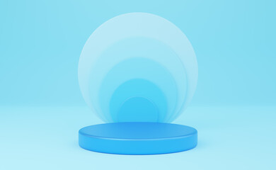 Empty blue cylinder podium on blue background. Abstract minimal studio 3d geometric shape object. Mockup space for display of product design. 3d rendering.