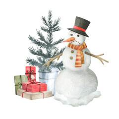 Watercolor illustration with snowman, fir Christmas tree, colorful presents. Winter illustration with gift boxes, spruce tree, holiday celebration