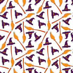 abstract seamless pattern halloween ornament hat and broom for fabric or wrapping paper, background vector