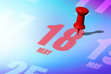 may 18th. Day 18 of month, Red date written and pinned on a calendar to remind you an important event or possibility. spring month, day of the year concept