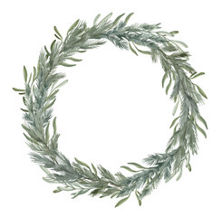 Watercolor Christmas wreath with pine, fir, branches, leaves and berries. Winter frame with botany