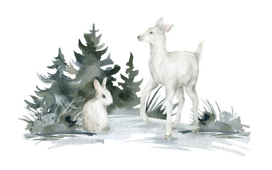 Fototapeta premium Watercolor illustration with white deer, rabbit and forest landscape. Realistic hand-painted winter wild animals and fir trees isolated on white background. 