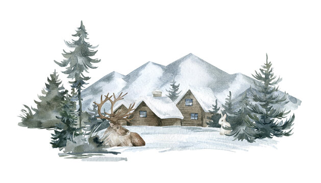 Watercolor Winter Illustration With Forest Landscape, Village, Houses, Mountain, Deer, Pine Tree, Snow. Christmas Card With Cute Animal And Nature