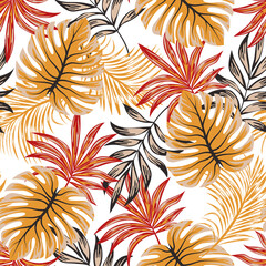 Abstract seamless tropical pattern with bright plants and leaves on a delicate background. Beautiful print with hand drawn exotic plants. Beautiful seamless vector floral pattern.