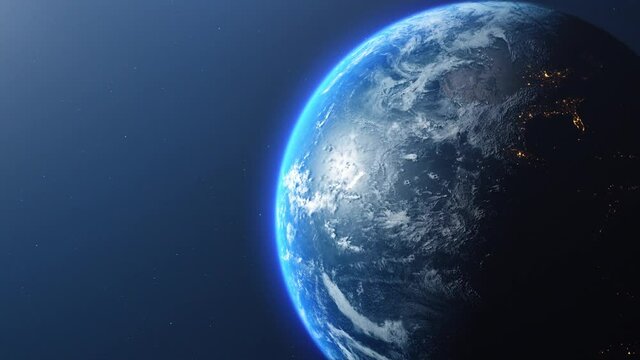 View Of Blue Planet Earth From Space rotating and illuminated by sun.  Background animation