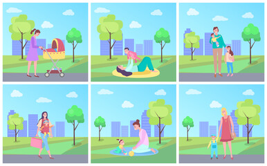 Mom walks with the child on the street in good weather sunny day in city park near city buildings. Mother and baby in different situations scenes set. A woman on maternity leave spends time with child
