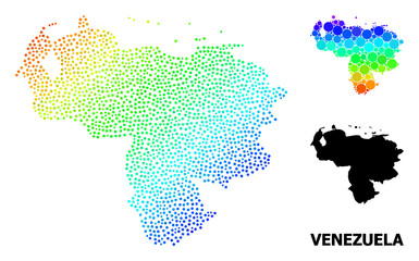 Obraz premium Dot spectrum, and solid map of Venezuela, and black text. Vector structure is created from map of Venezuela with round dots. Illustration is useful for geographic posters.