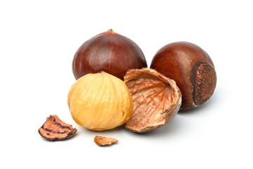 Close-up Chestnuts with peeled isolated on white background.