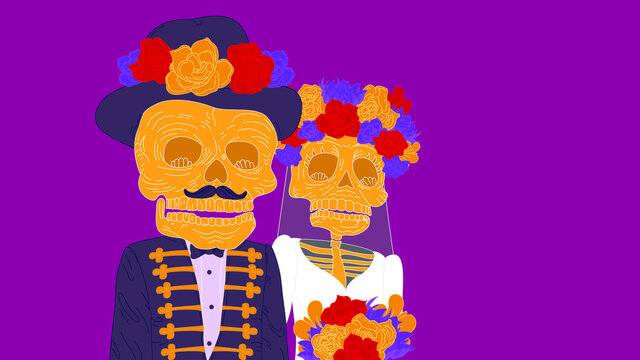 Day of the dead (Dia de los muertos). Two skeletons (man and woman) in wedding suits