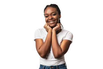 Smiling African American Woman With Brackets Posing Over White Background