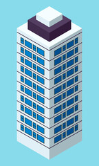 Skyscraper building in city space in flat style concept top view isolated on blue. Modern urban structure illustration with house facade. Industrial constructions with apartments and office premises