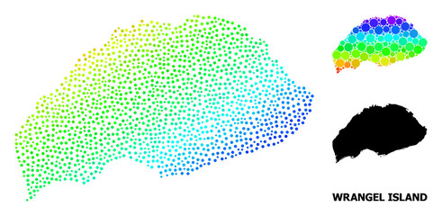 Pixel bright spectral, and solid map of Wrangel Island, and black title. Vector structure is created from map of Wrangel Island with round dots. Illustration for geographic purposes.