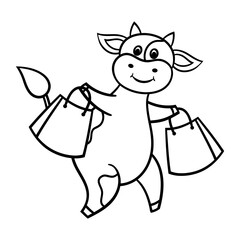 Coloring page with a funny cow on a shopping trip with purchases