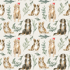 Watercolor seamless pattern with cute christmas dogs, corgi, retriever, bernese mountain dog, pine, leaves. Winter background with home pet. Cute nursery background for children textile, print, cover