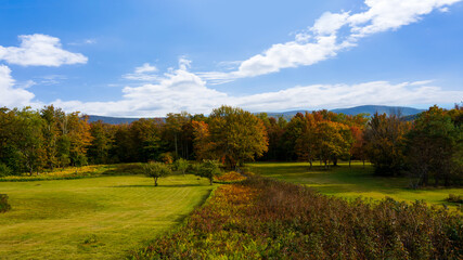 Fototapeta na wymiar Landscape of Catskills mountain in New York with colorful trees, green land and blue sky
