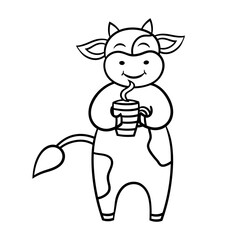 Coloring page with funny cow drinking coffee