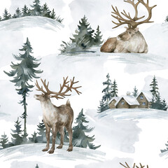 Watercolor seamless pattern with white deer in snow, arctic fox, landscape, houses. Wildlife nature elements, animals, trees for children's textile, wallpaper, covers. Winter aesthetic