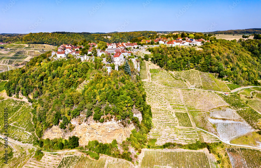 Poster Chateau-Chalon above its vineyards in Franche-Comte, France