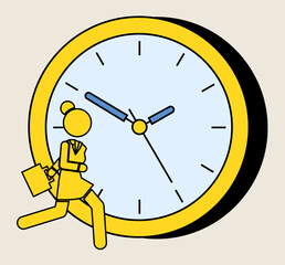 Yellow silhouette of a running girl on the background of a large watch dial. Woman with bag is late for work. Girl in a hurry, rushing on a date, control time consept. Big clock with minute hands